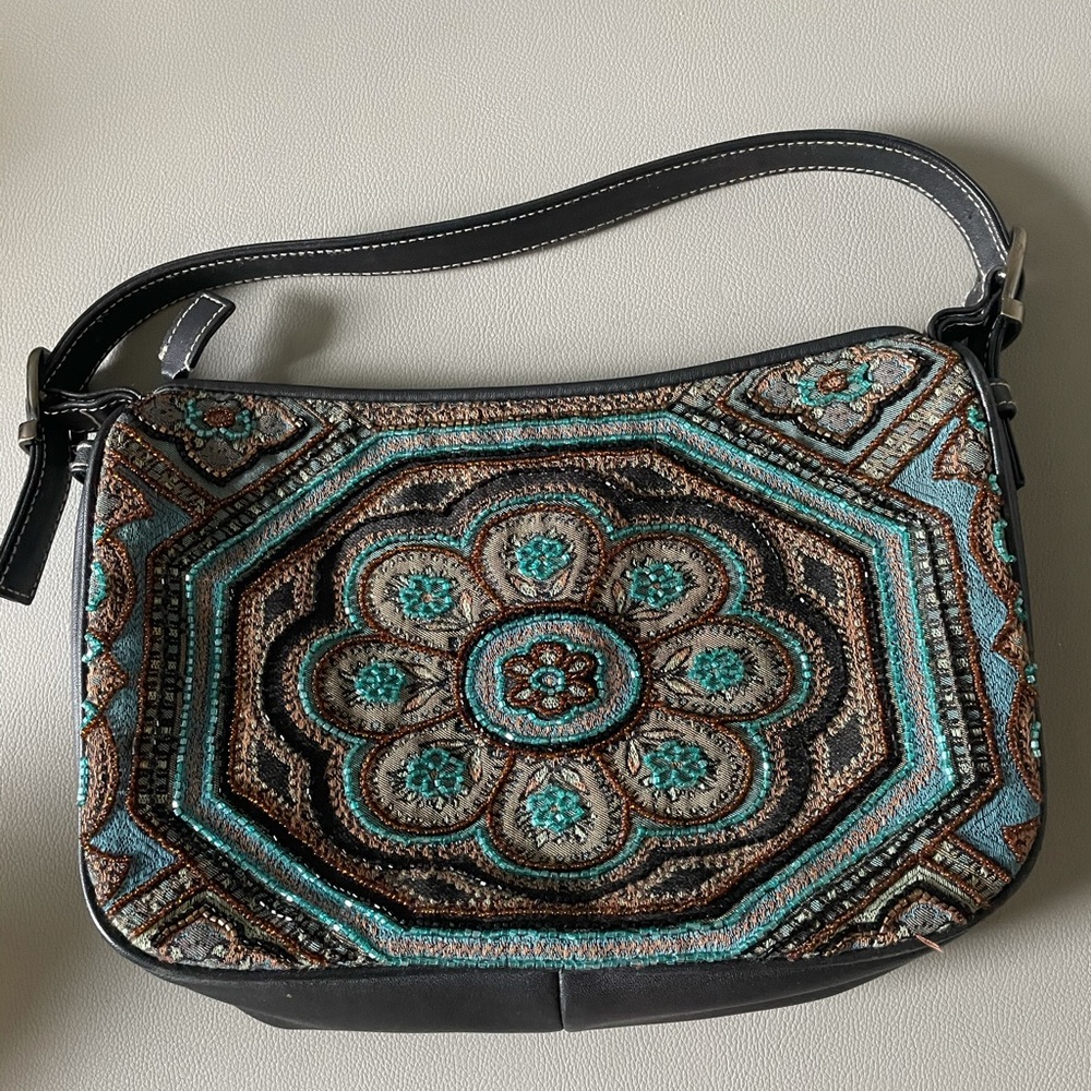 Isabella Fiore beaded handbag. Teal and black.